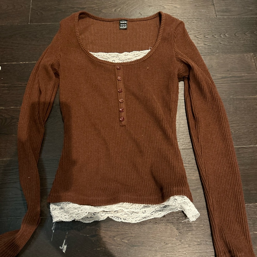 Brown Long Sleeve Top with Lace Trim